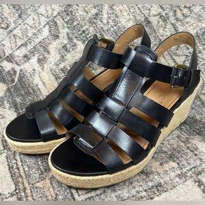 Vionic Jaylah Leather Espadrille Wedge Platform Sandals Black Womens Size 7 NWOT